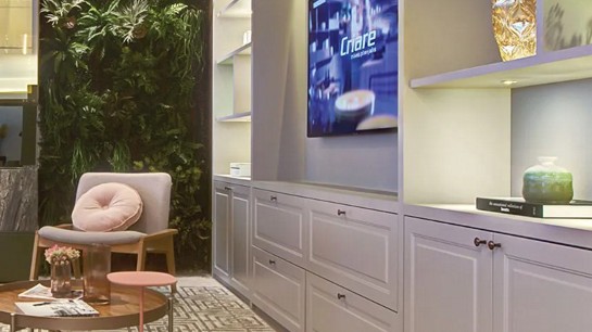 Uma estante bem planejada e iluminada valoriza as obras de arte.